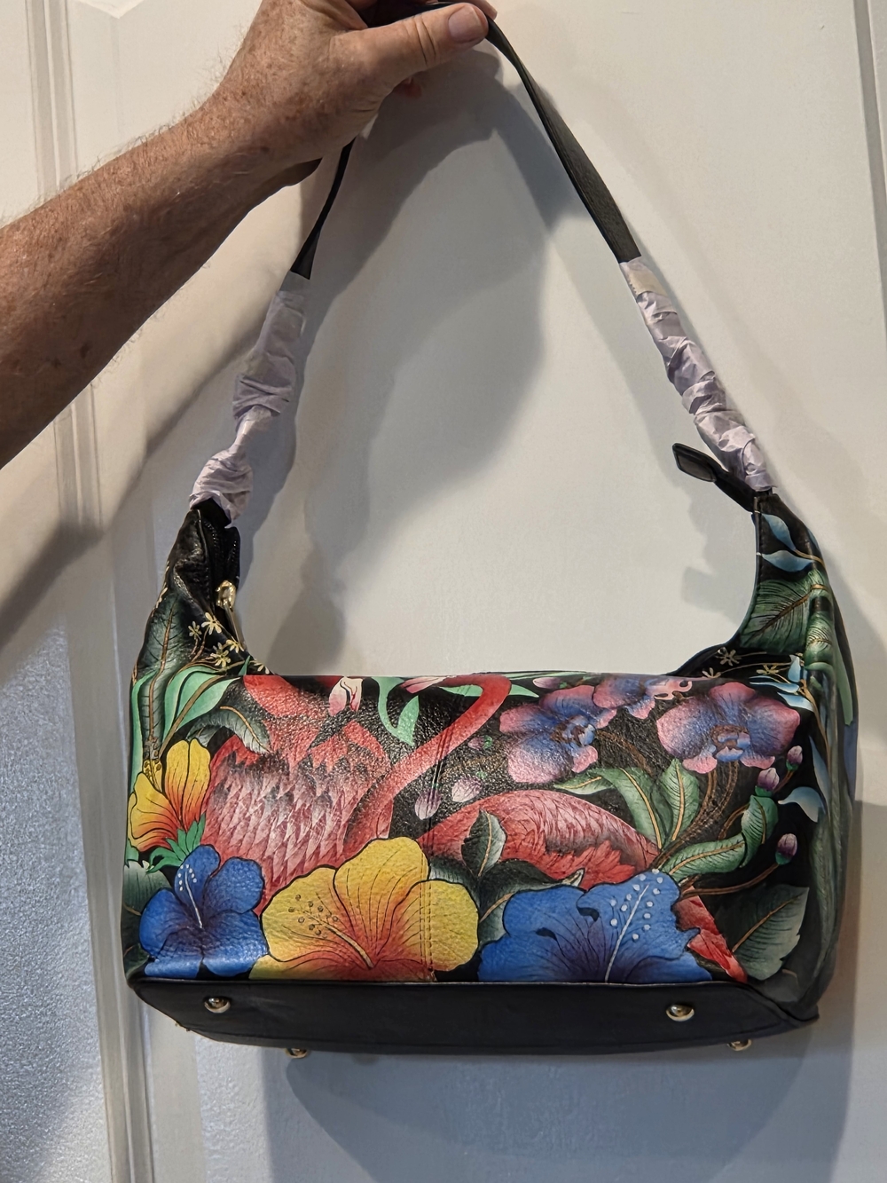 Anuschka Hand Painted Leather Satchel Shoulder Bag Flamingo - Picture 2 of 8